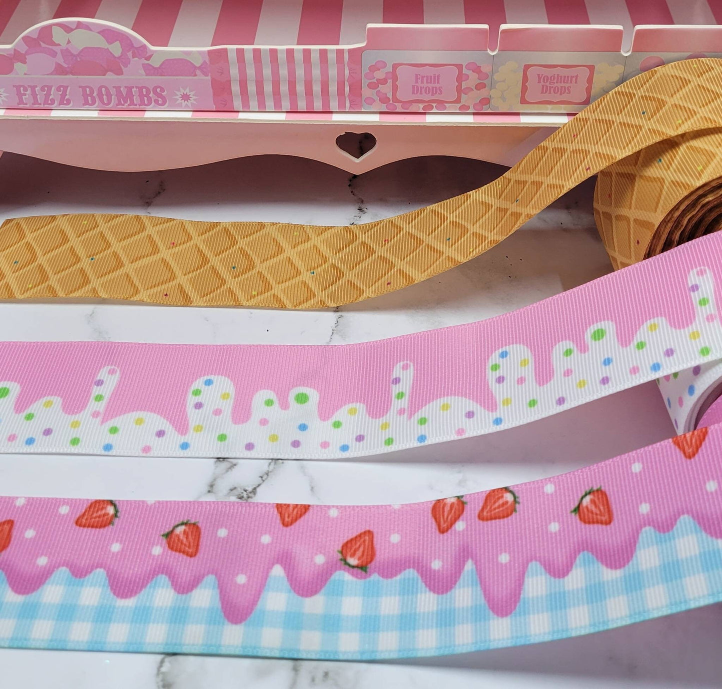 Ribbon, Wire Free Ribbon, Hair Bow Ribbon, Grosgrain, Ice cream Design, Printed Ribbon, Waffle Cone Ribbon, Wire Free, 1.5 inch wide