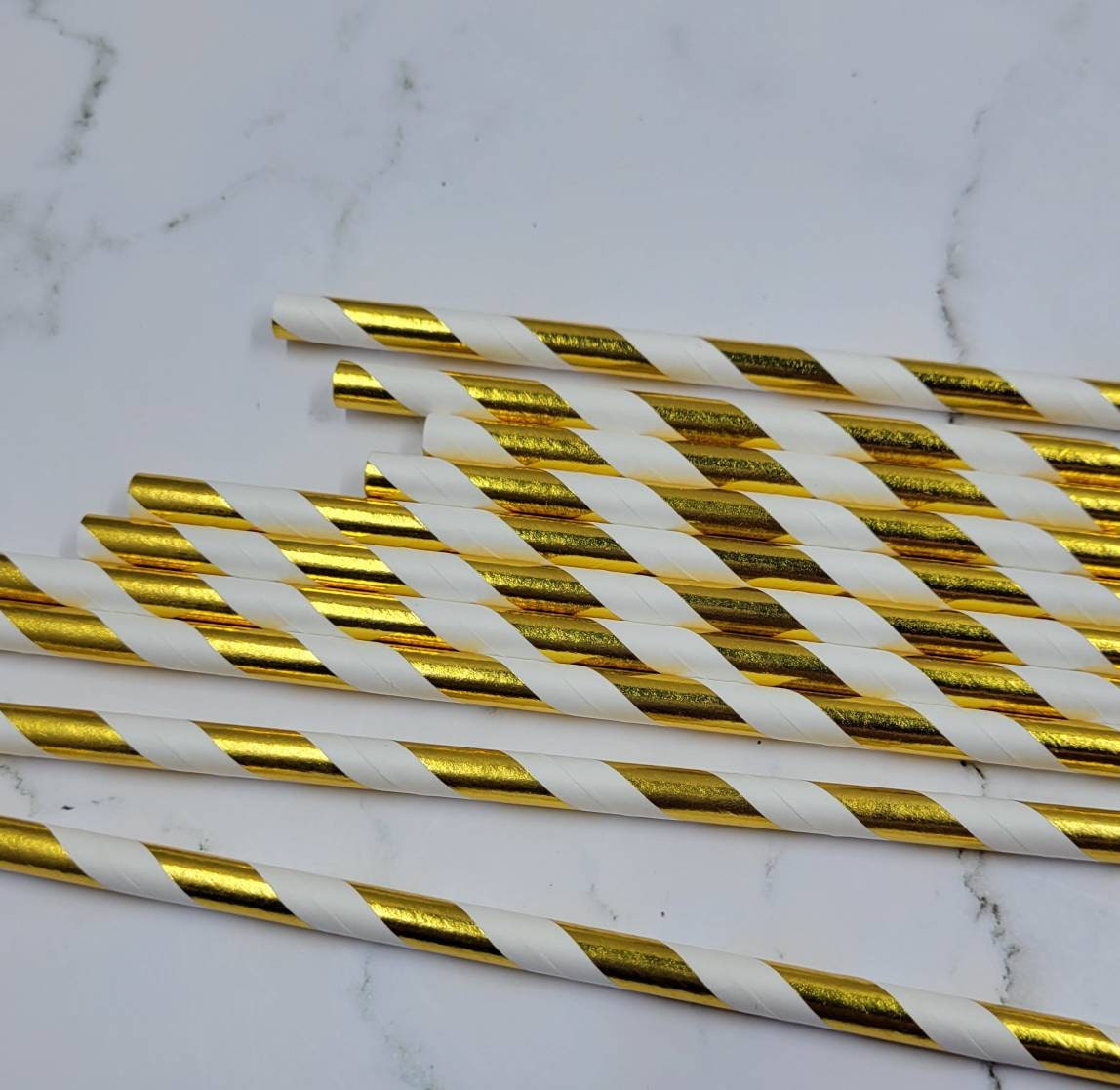 Pack of 10 Straws, craft supplies. Fake Baking supplies. Paper party decorations, paper straws. Baking supplies. Gold Foil Straws