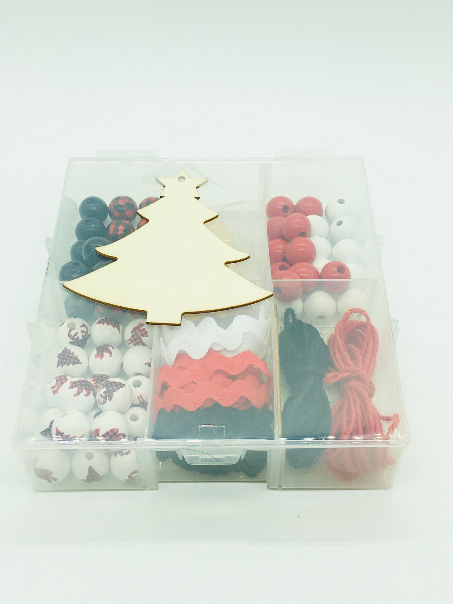Christmas Bead Garland DIY Kit, Red, Black Plaid, Wood Beads, Twine, Cabochons, Craft Kit, Holiday Farmhouse, Home Decor, Rick Rack Trim