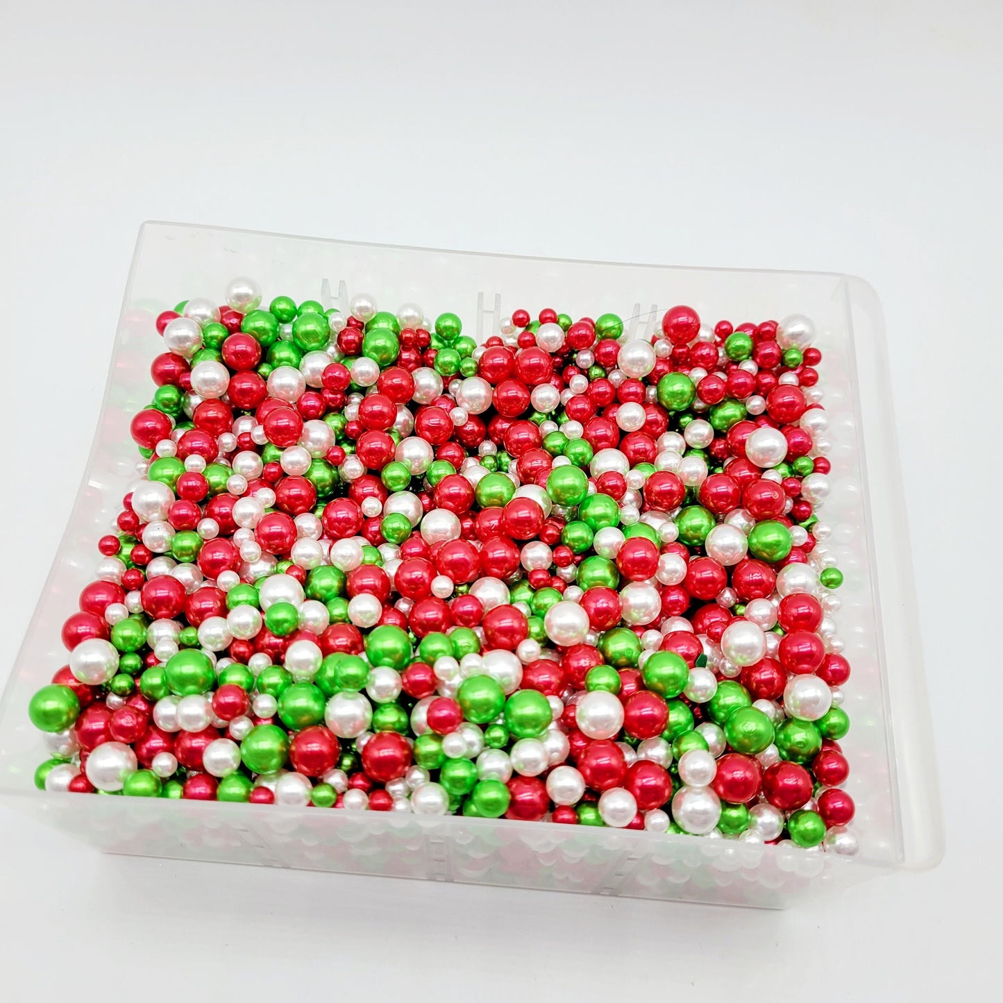 NO Hole Beads, Multi Size Pearl Acrylic Beads, Jewelry, Fake Bake Supplies, Slime Beads, Craft Supplies, Red, Green & White