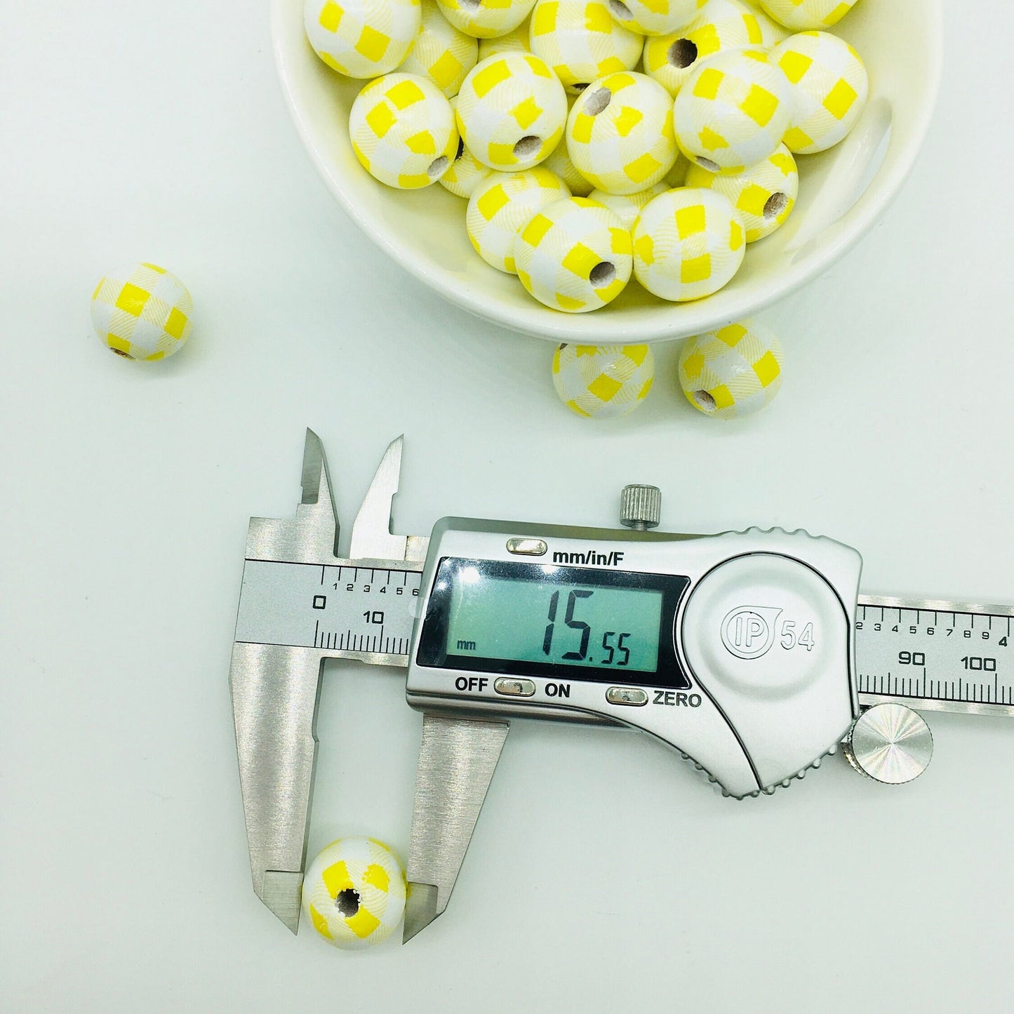 Wood Beads, Yellow White Plaid Beads, Garland Beads, Home Decor, Tiered Tray Decorations, Craft Projects, Jewelry Beads, Spring Beads