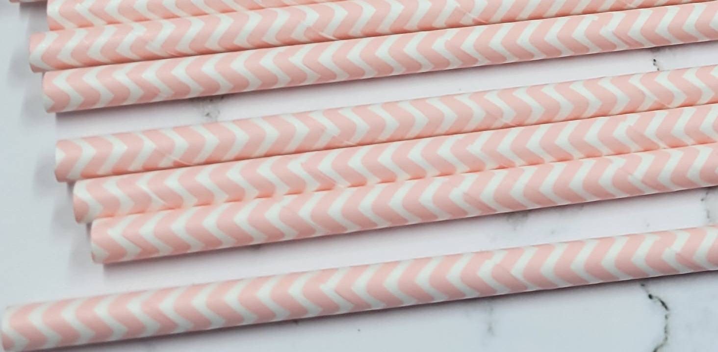 Pack of 10 Straws, Fake Bake Supplies, Craft Supplies, Paper Straws, party supplies, Pink Straws, Chevron Design