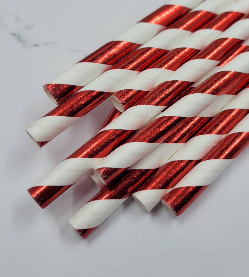 Pack of 10 Straws, craft supplies. Fake Baking supplies. Paper party decorations,  paper straws. Baking supplies. Red Foil Straws