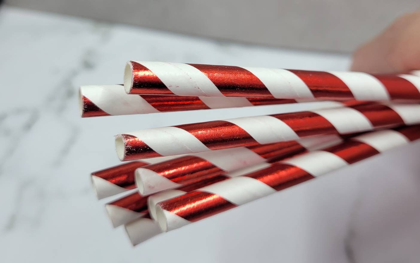 Pack of 10 Straws, craft supplies. Fake Baking supplies. Paper party decorations,  paper straws. Baking supplies. Red Foil Straws