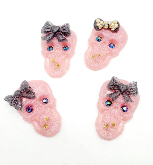 4 Pink Black Skeleton Cabochons, Fake Bake, Handmade, Skull , Crystal Eyes, Halloween, Hairbow Charm, Costume Jewelry Supplies, Flatback