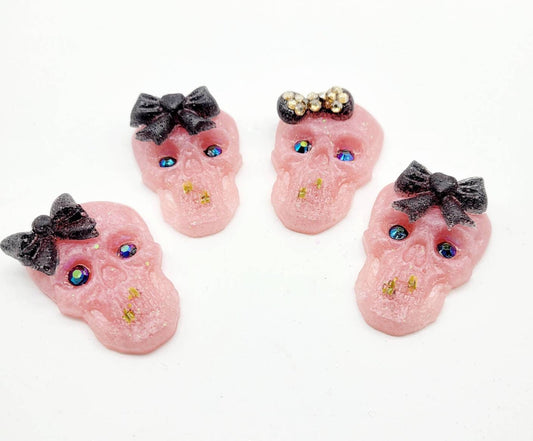 4 Pink Black Skeleton Cabochons, Fake Bake, Handmade, Skull , Crystal Eyes, Halloween, Hairbow Charm, Costume Jewelry Supplies, Flatback