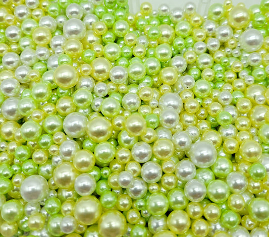 NO Hole Beads, Multi Size Pearl Acrylic Beads, Jewelry, Fake Bake Supplies, Slime Beads, Craft Supplies, green, yellow and white