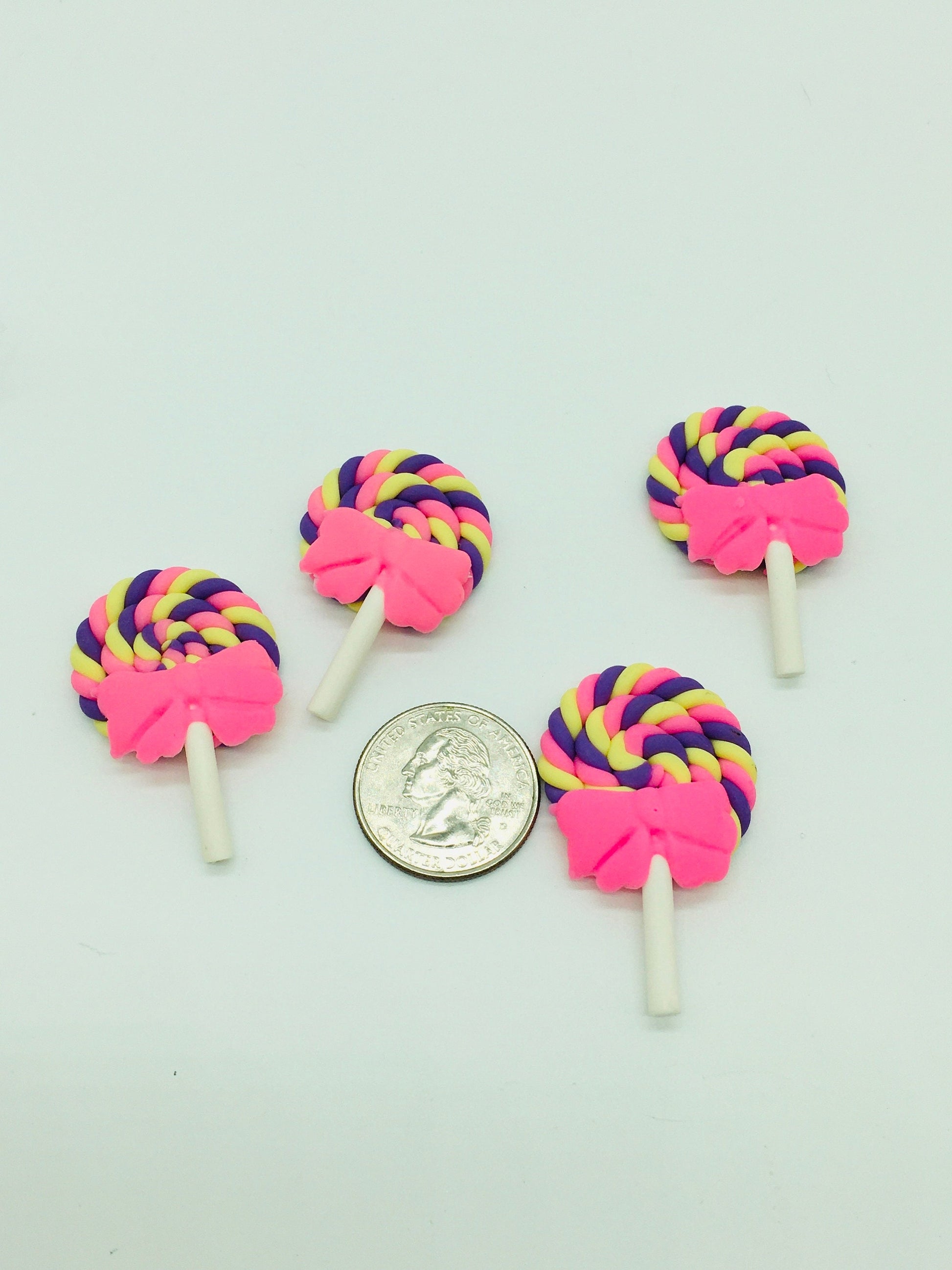 Lollipop Cabochons, Fake Food, Clay lollipop with bow, fake candy, fake bake supplies, decoden, hair bow accents, jewelry charms