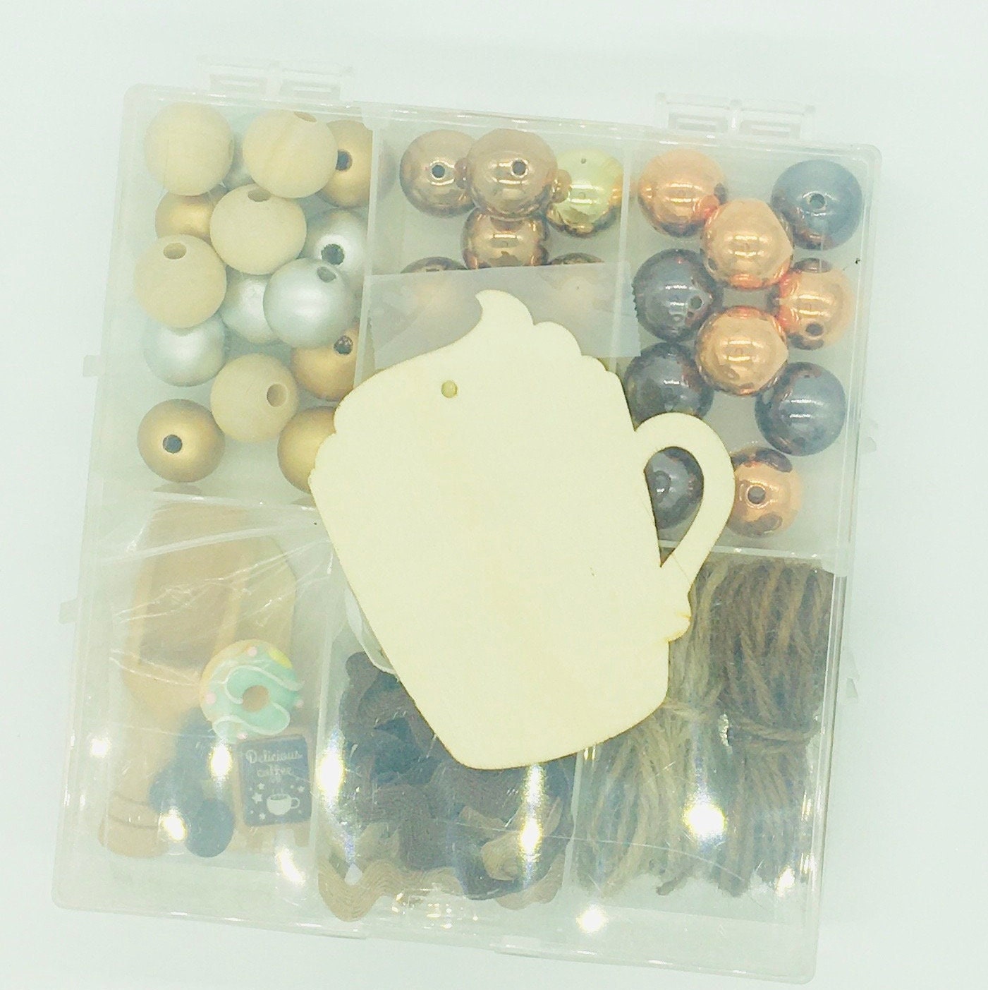 Latte Theme, Bead DIY Kit, Mini Wood Scoop, Wood Beads, Acrylic Beads, Twine, Donut Cabochons, Bead Garland DIY Craft Kit, Faux Coffee Beans