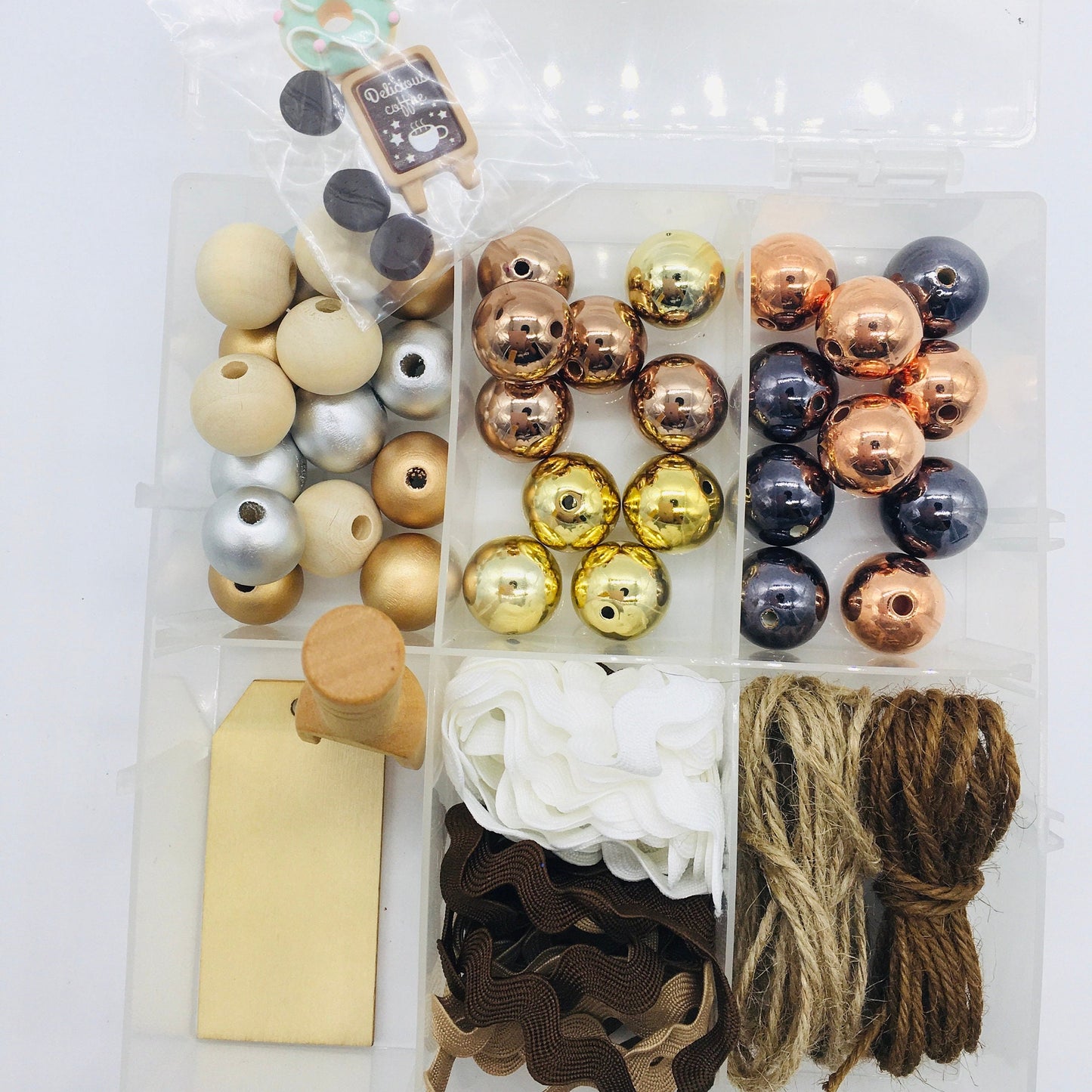Latte Theme, Bead DIY Kit, Mini Wood Scoop, Wood Beads, Acrylic Beads, Twine, Donut Cabochons, Bead Garland DIY Craft Kit, Faux Coffee Beans