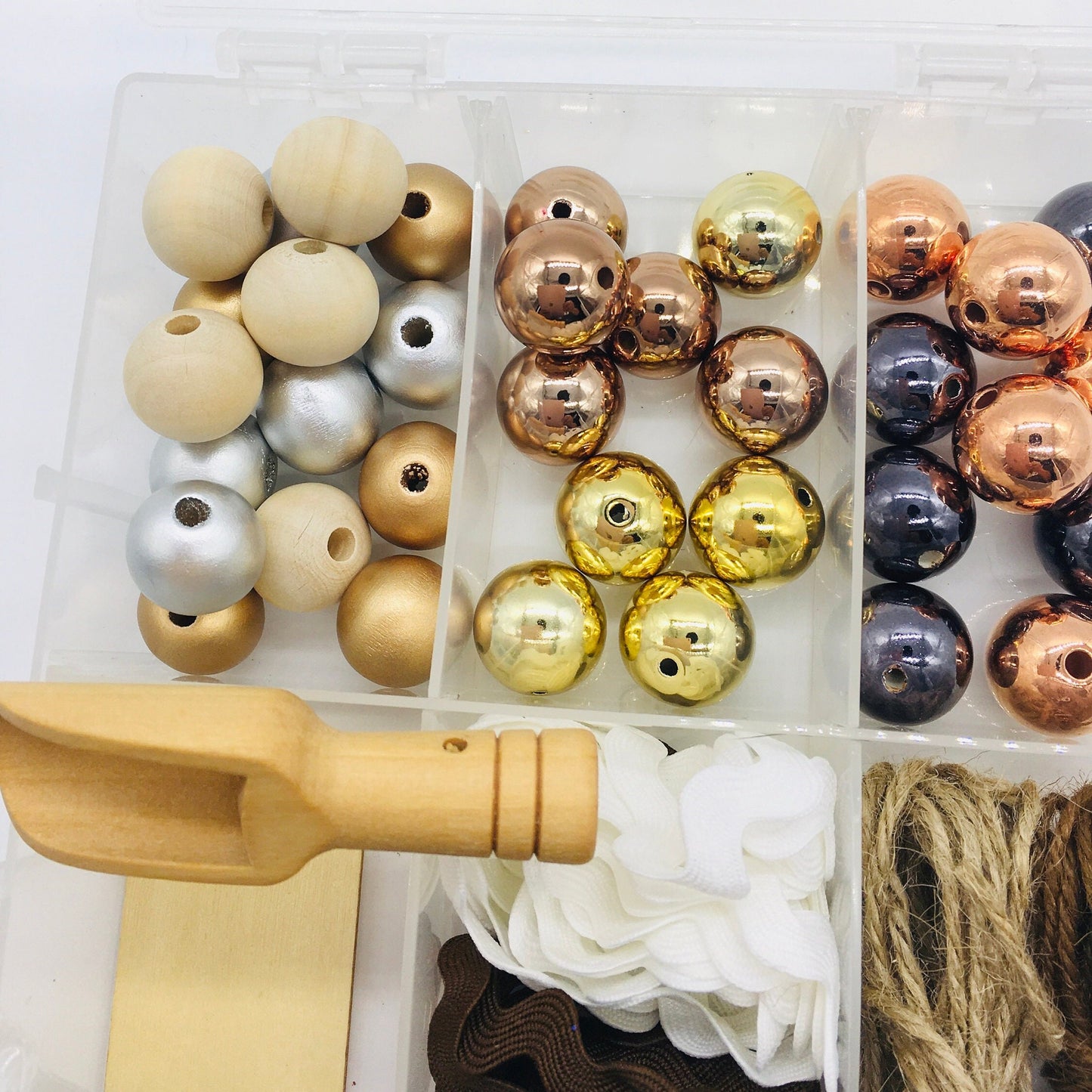 Latte Theme, Bead DIY Kit, Mini Wood Scoop, Wood Beads, Acrylic Beads, Twine, Donut Cabochons, Bead Garland DIY Craft Kit, Faux Coffee Beans