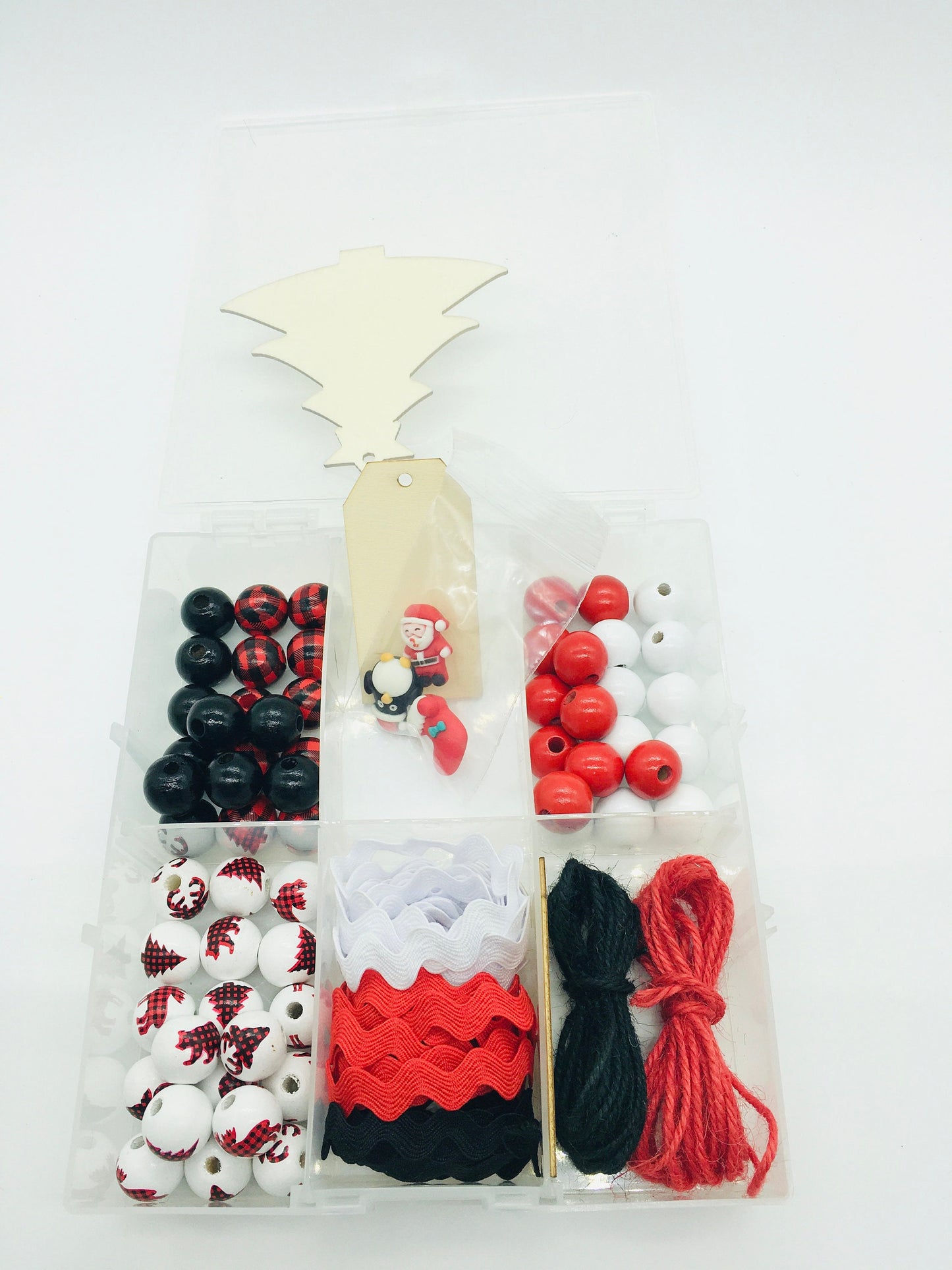 Christmas Bead Garland DIY Kit, Red, Black Plaid, Wood Beads, Twine, Cabochons, Craft Kit, Holiday Farmhouse, Home Decor, Rick Rack Trim