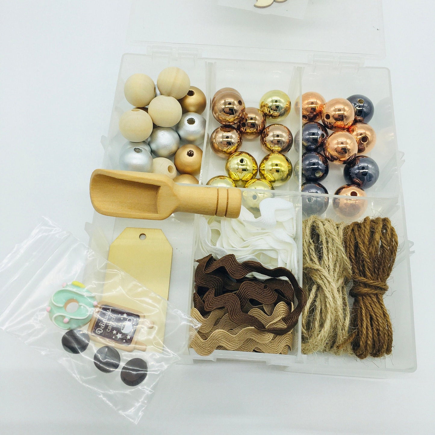 Latte Theme, Bead DIY Kit, Mini Wood Scoop, Wood Beads, Acrylic Beads, Twine, Donut Cabochons, Bead Garland DIY Craft Kit, Faux Coffee Beans