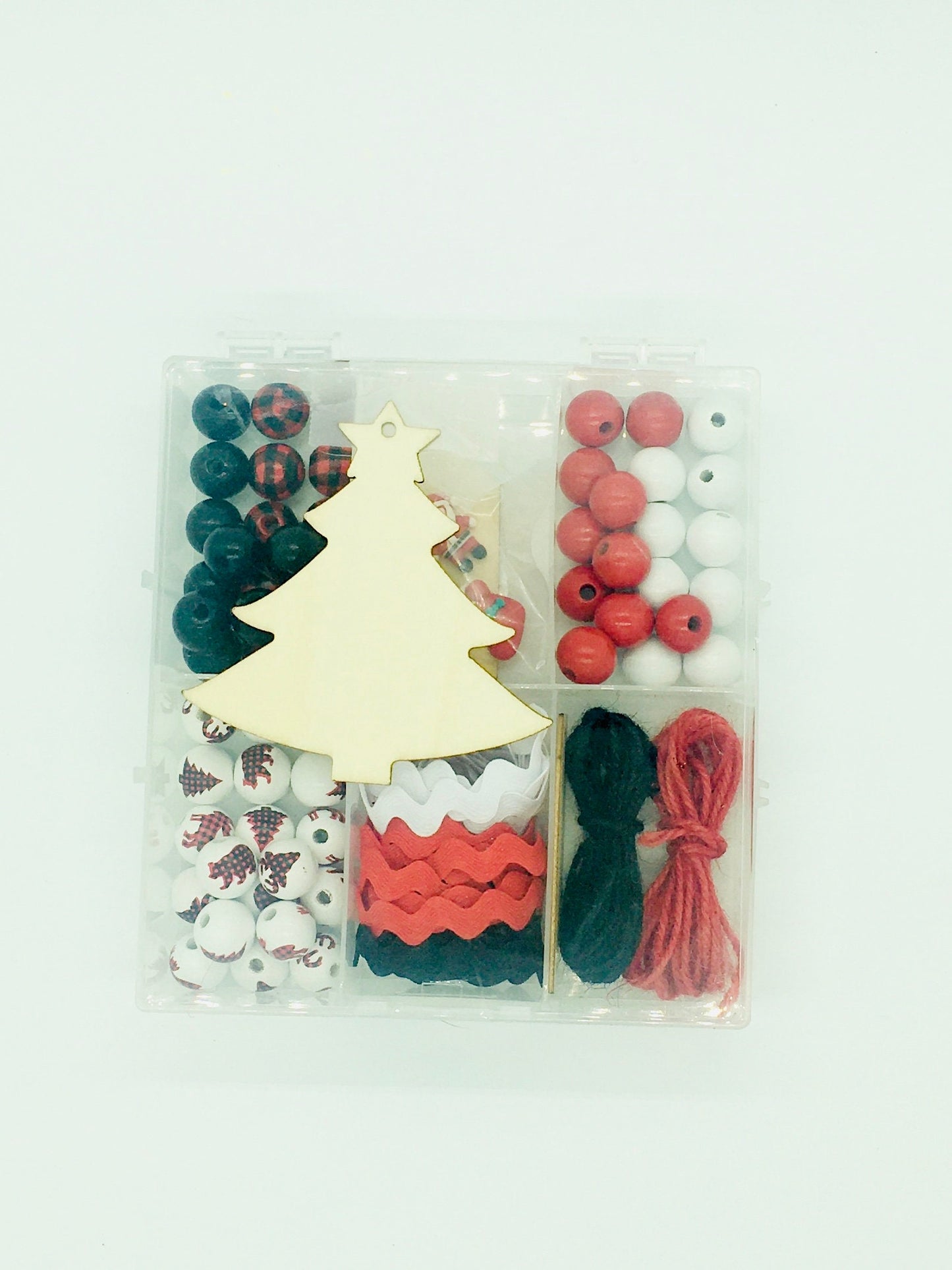 Christmas Bead Garland DIY Kit, Red, Black Plaid, Wood Beads, Twine, Cabochons, Craft Kit, Holiday Farmhouse, Home Decor, Rick Rack Trim