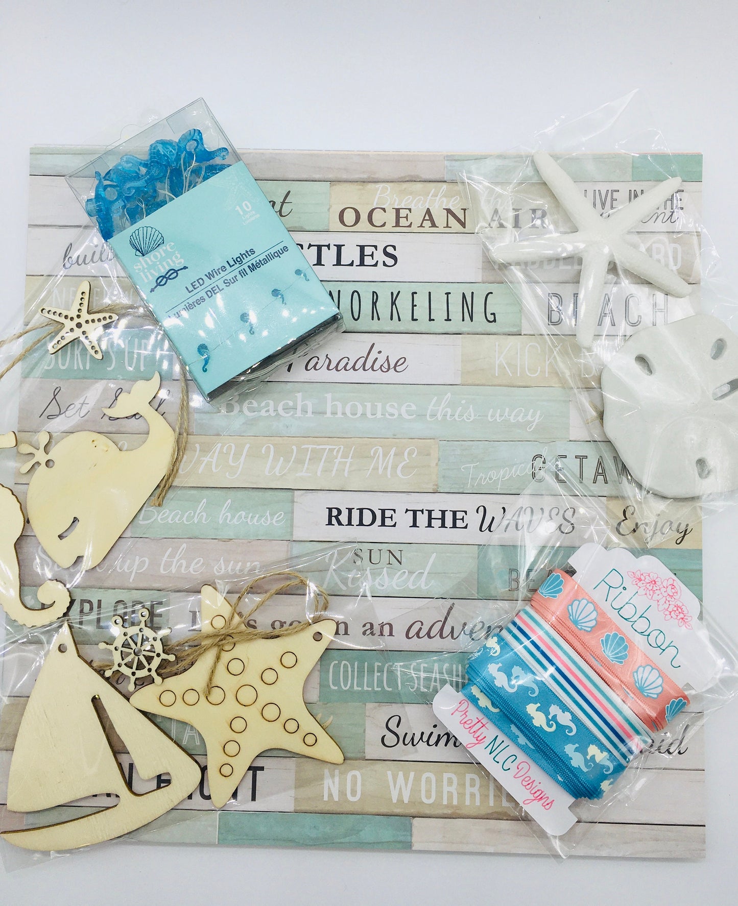 Scrapbook Paper Kit, Beach Theme, Shadow Box Kit, Junk Journaling Crafts, Wood Cutouts, Ribbon, Faux Starfish, Faux Sand Dollar, Lights