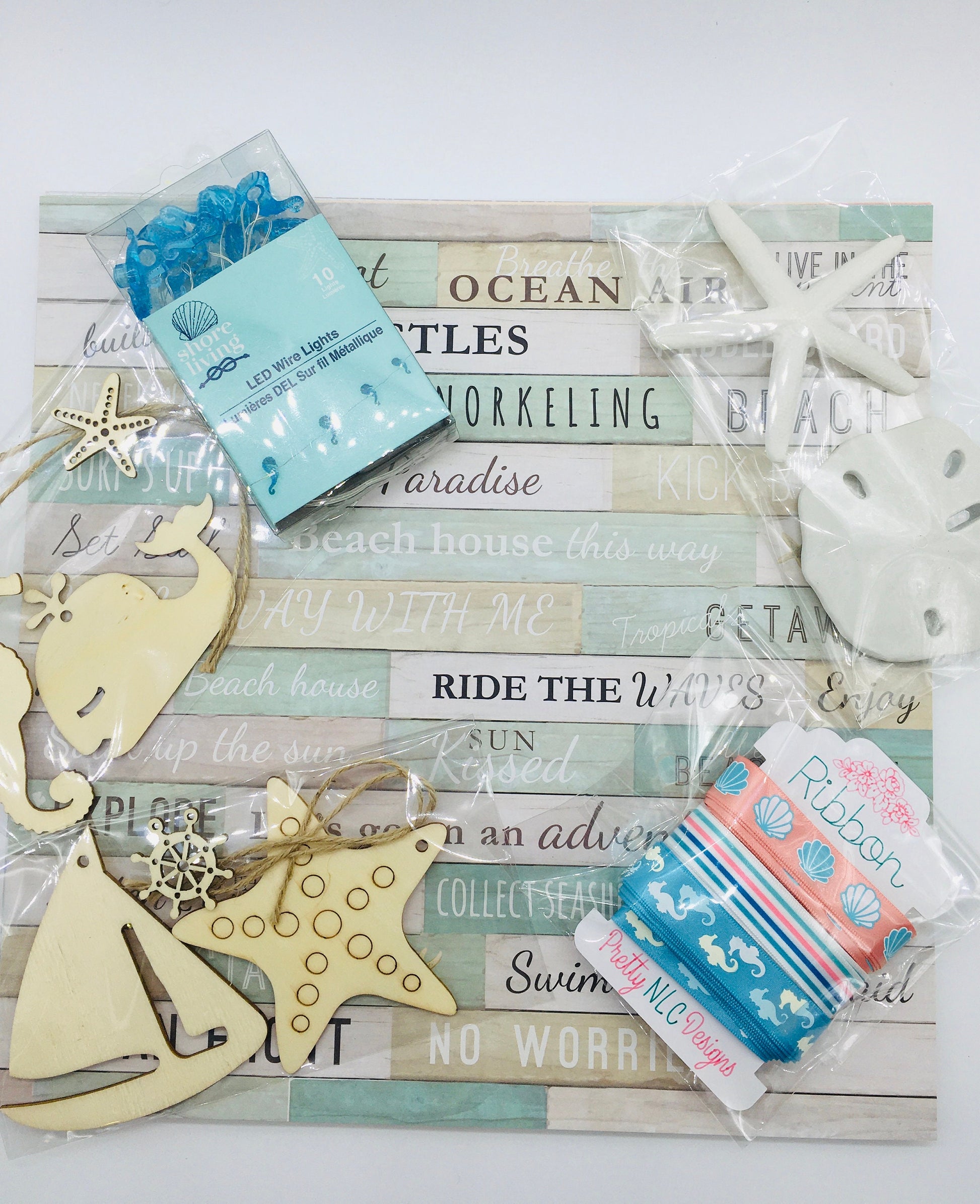Scrapbook Paper Kit, Beach Theme, Shadow Box Kit, Junk Journaling Crafts, Wood Cutouts, Ribbon, Faux Starfish, Faux Sand Dollar, Lights