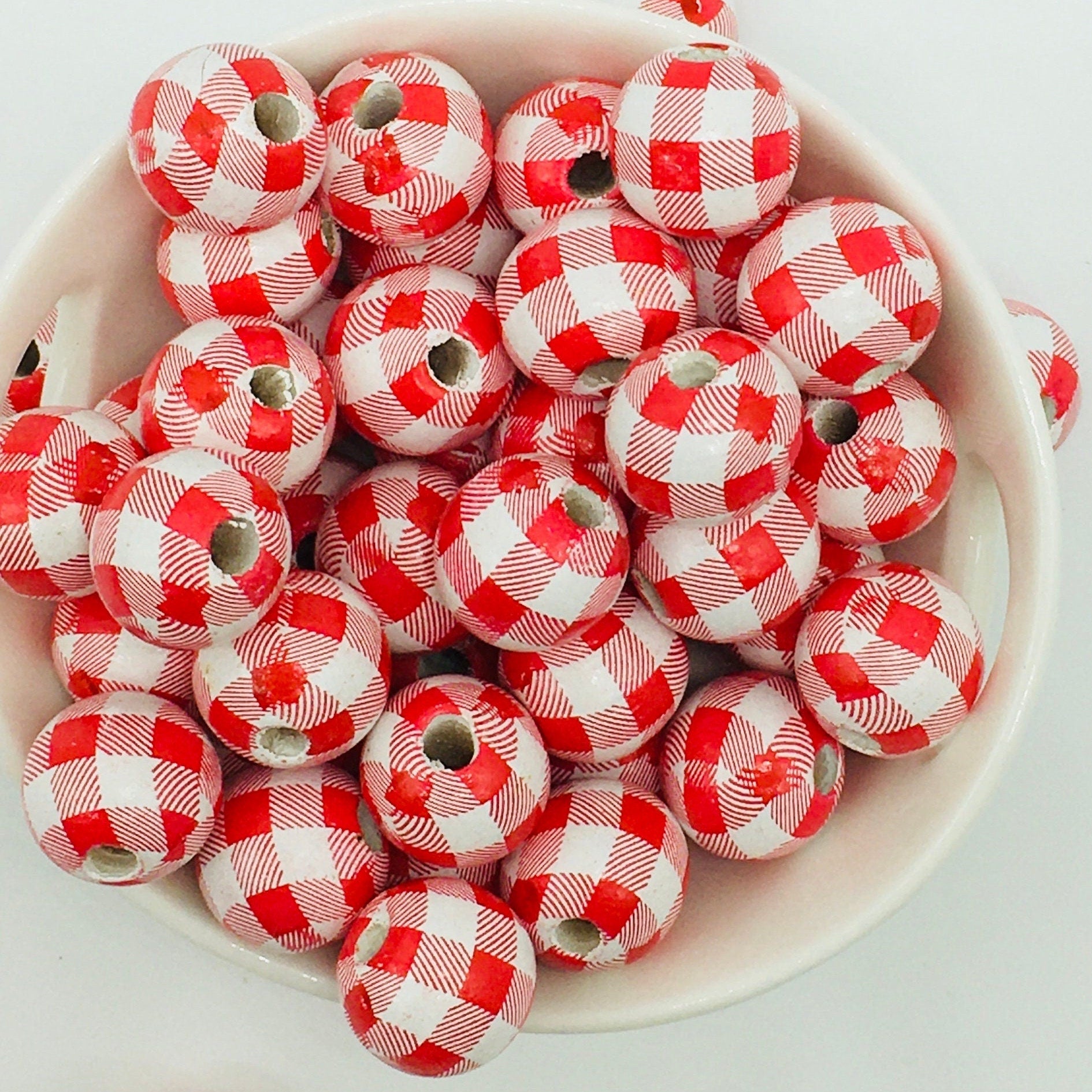 Wood Beads, Red, White Plaid Beads, Garland Beads, Home Decor, Tiered Tray Decorations, Craft Projects, Jewelry Beads