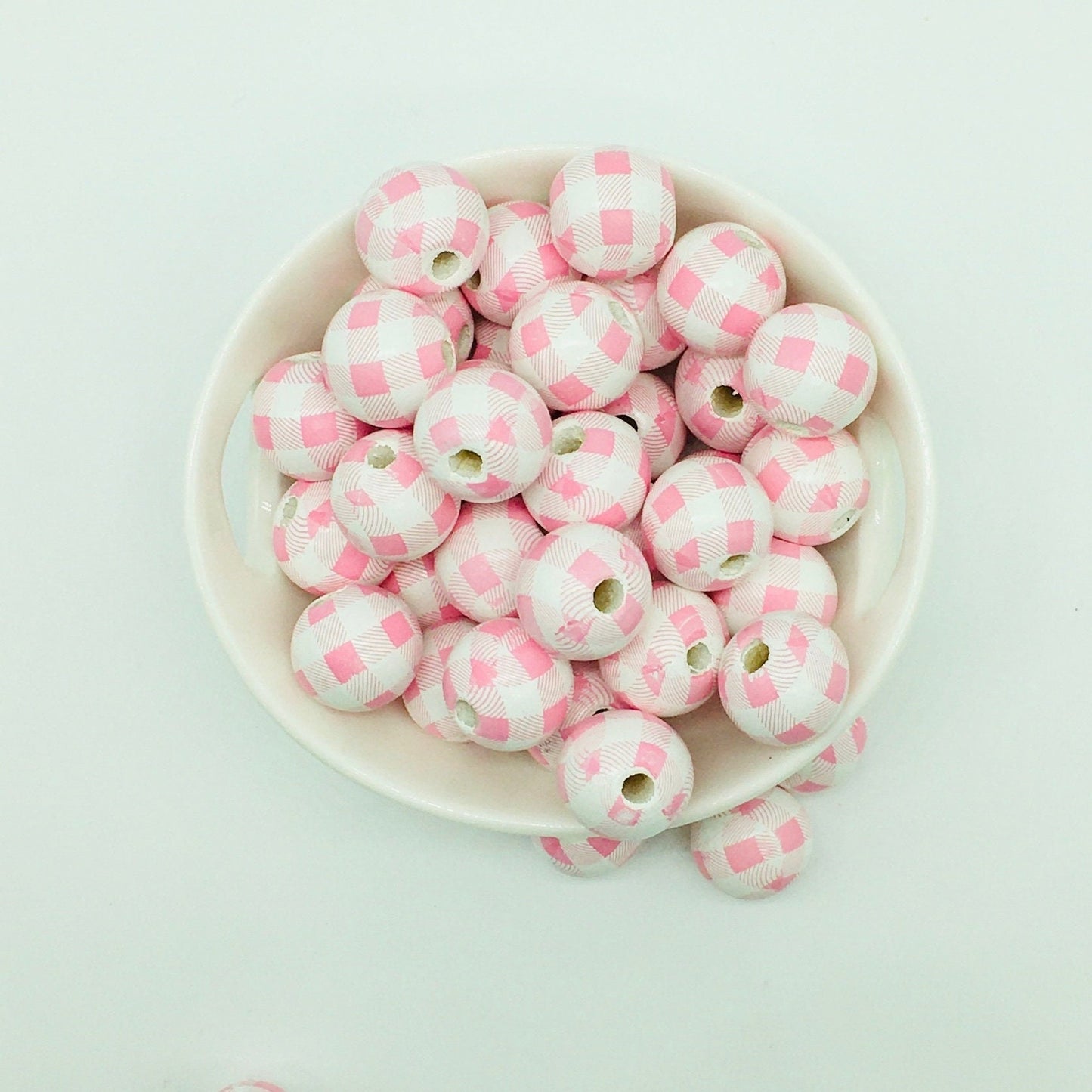 Wood Beads, Pink White Plaid Beads, Garland Beads, Home Decor, Tiered Tray Decorations, Craft Projects, Jewelry Beads