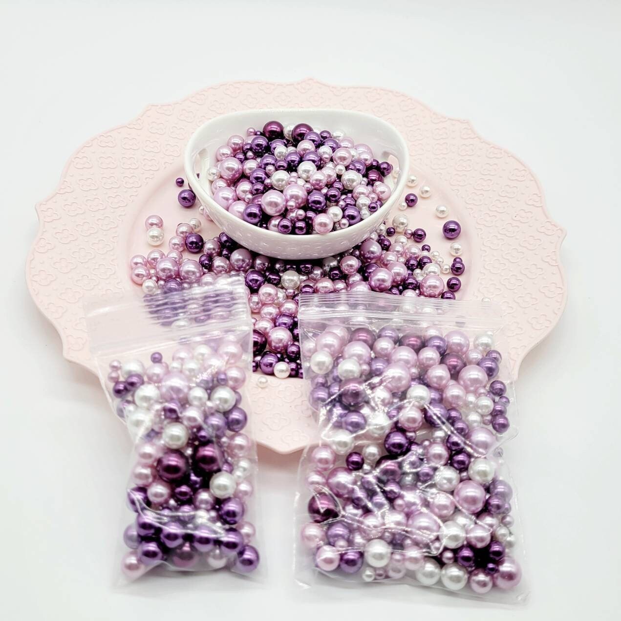NO Hole Beads, Multi Size Pearl Acrylic Beads, Jewelry, Fake Bake Supplies, Slime Beads, Craft Supplies, Pink, Deep Purple, White, Purple