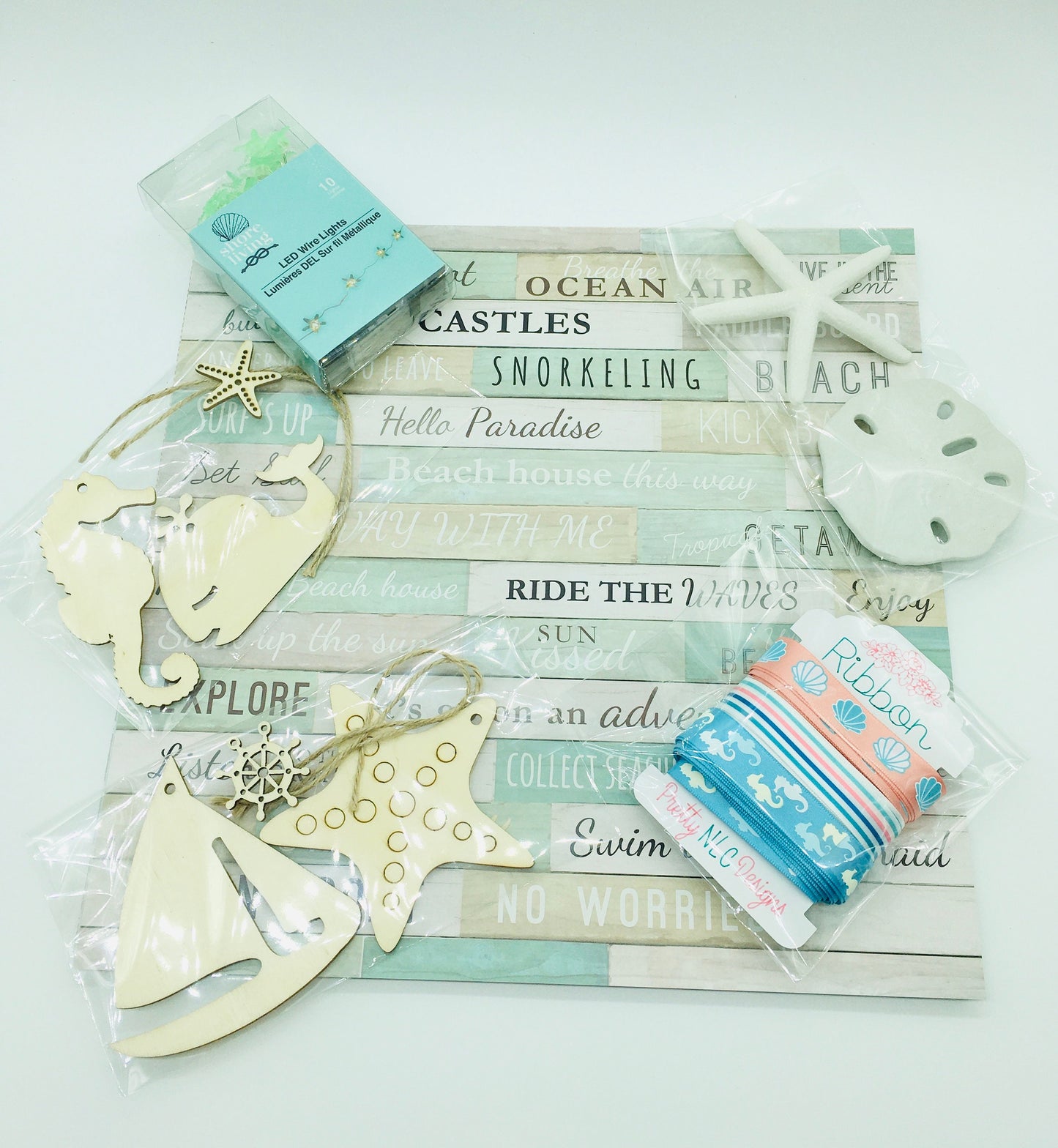 Scrapbook Paper Kit, Beach Theme, Shadow Box Kit, Junk Journaling Crafts, Wood Cutouts, Ribbon, Faux Starfish, Faux Sand Dollar, Lights
