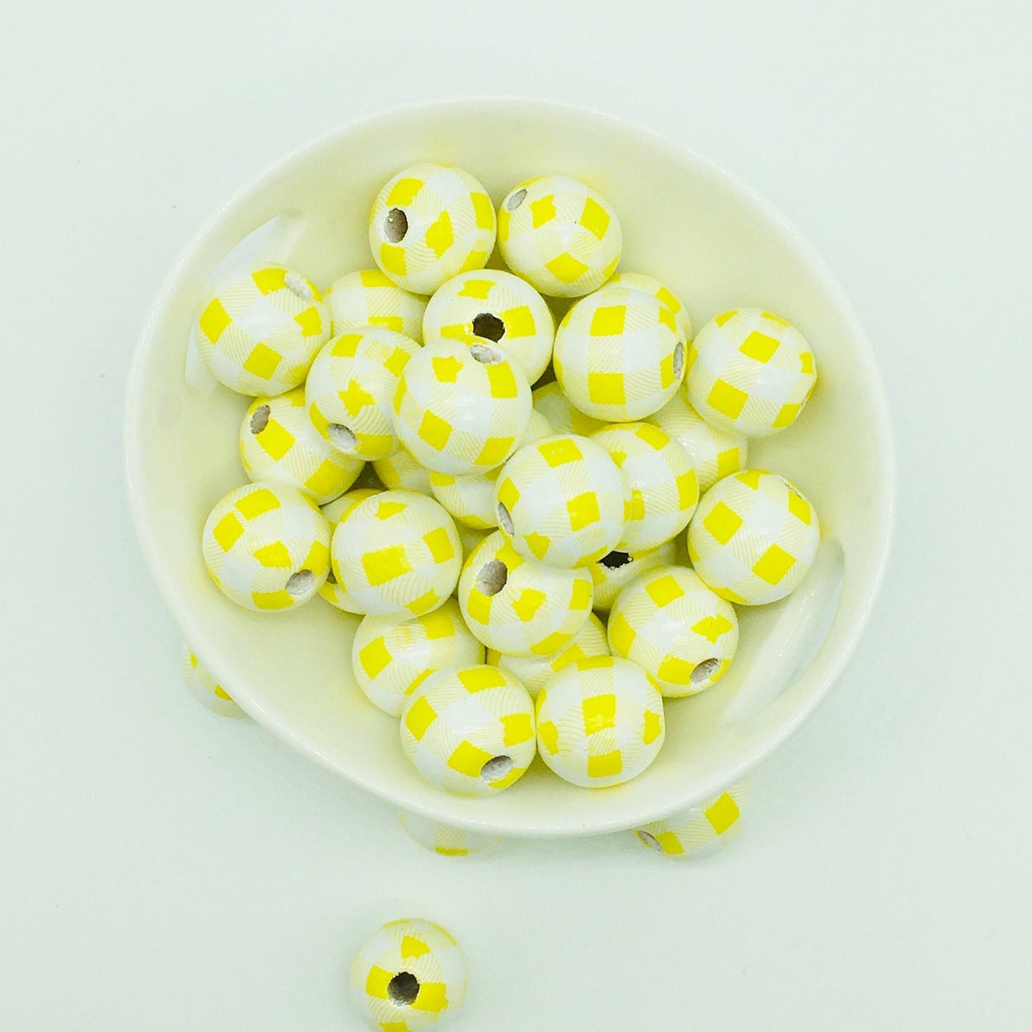 Wood Beads, Yellow White Plaid Beads, Garland Beads, Home Decor, Tiered Tray Decorations, Craft Projects, Jewelry Beads, Spring Beads