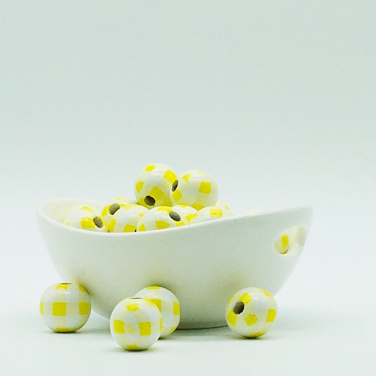 Wood Beads, Yellow White Plaid Beads, Garland Beads, Home Decor, Tiered Tray Decorations, Craft Projects, Jewelry Beads, Spring Beads