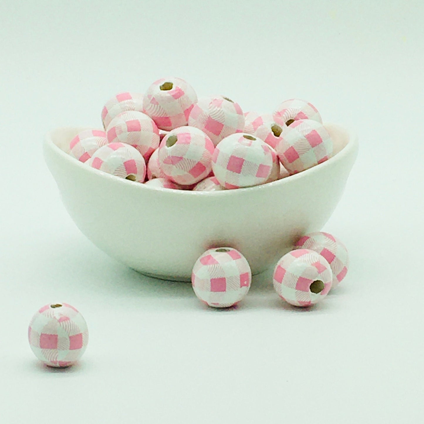 Wood Beads, Pink White Plaid Beads, Garland Beads, Home Decor, Tiered Tray Decorations, Craft Projects, Jewelry Beads