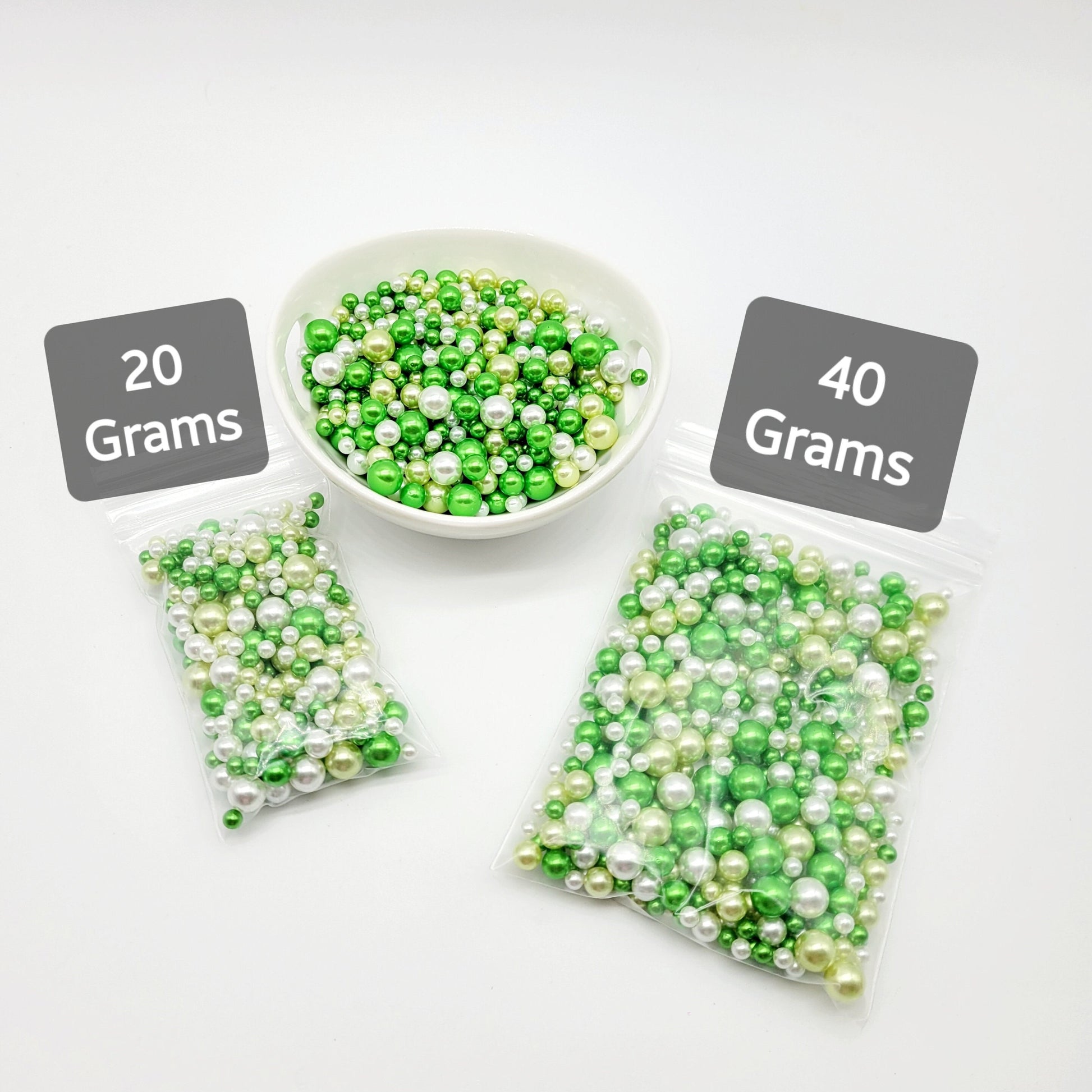 NO Hole Beads, Multi Size Pearl Acrylic Beads, Jewelry, Faux Bake Supplies, Slime Beads, Craft Supplies, Green, Light Green & White Beads