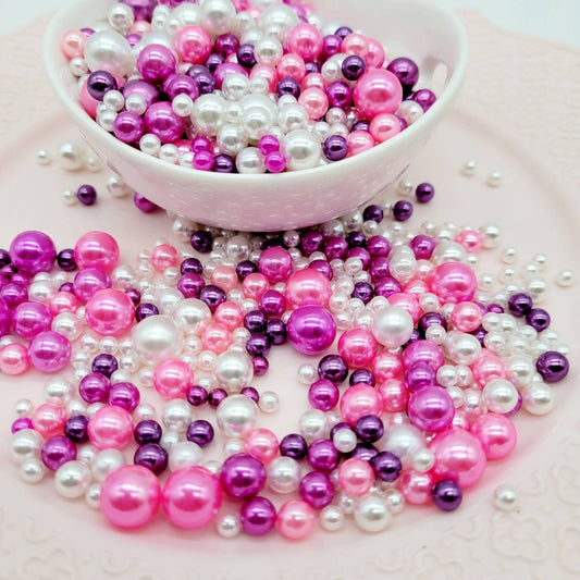 NO Hole Beads, Multi Size Pearl Acrylic Beads, Jewelry, Fake Bake Supplies, Slime Beads, Craft Supplies, Hot Pink, Purple & White Beads