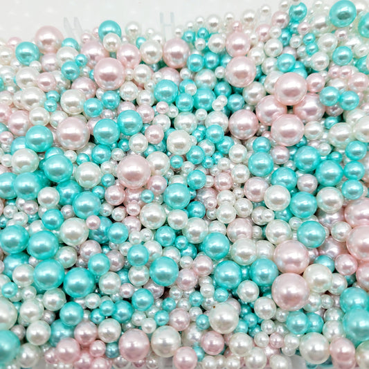 NO Hole Beads, Multi Size Pearl Acrylic Beads, Jewelry, Fake Bake Supplies, Slime Beads, Craft Supplies, Pink, Blue & White Beads