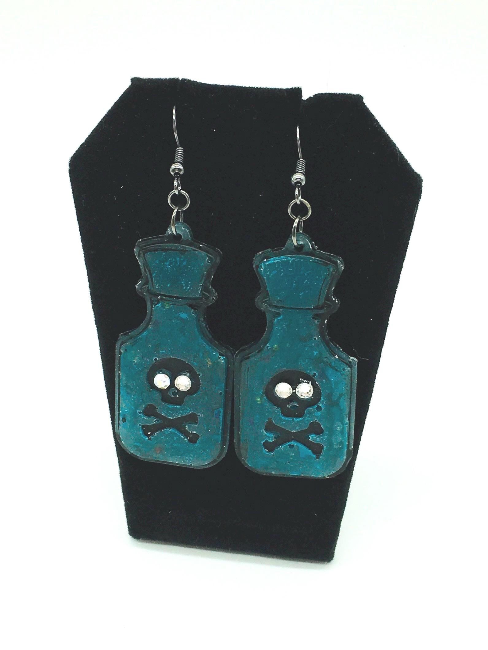 Halloween Earrings, Poison Bottle, Skull Design, Pop Art Style, Gothic Jewelry, Costume Jewelry, Glow in the Dark Earrings