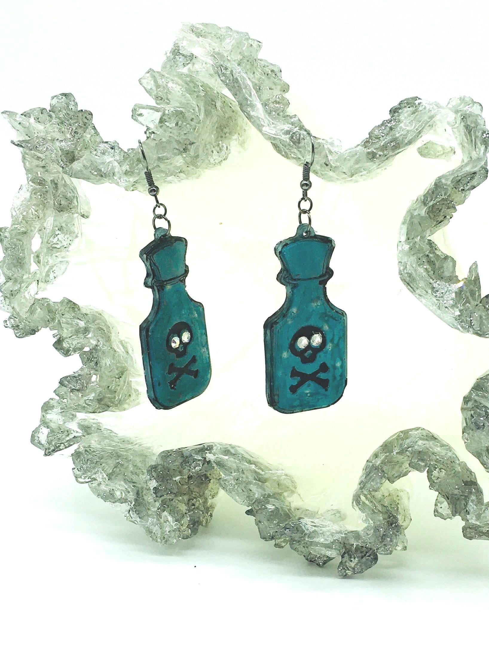 Halloween Earrings, Poison Bottle, Skull Design, Pop Art Style, Gothic Jewelry, Costume Jewelry, Glow in the Dark Earrings