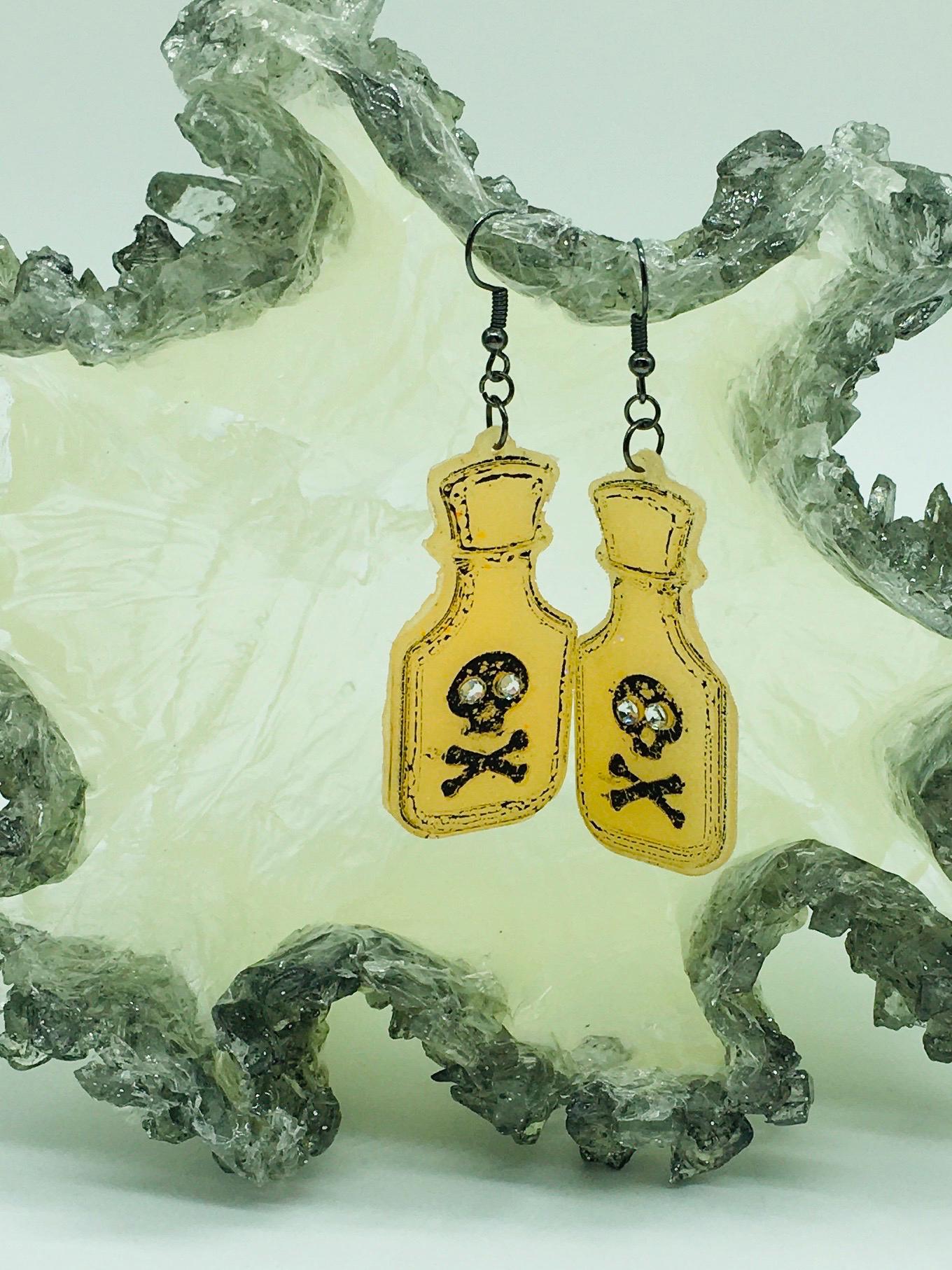 Halloween Earrings, Poison Bottle, Skull Design, Pop Art Style, Gothic Jewelry, Costume Jewelry, Glow in the Dark Earrings