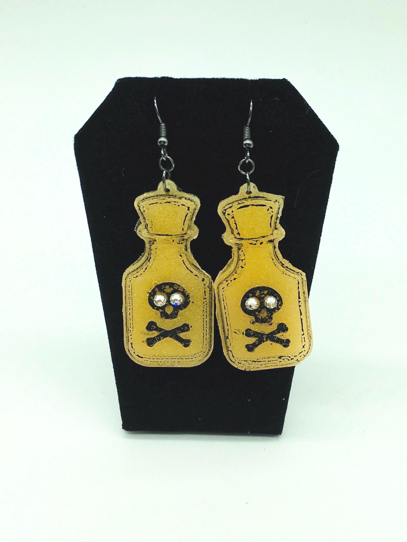 Halloween Earrings, Poison Bottle, Skull Design, Pop Art Style, Gothic Jewelry, Costume Jewelry, Glow in the Dark Earrings