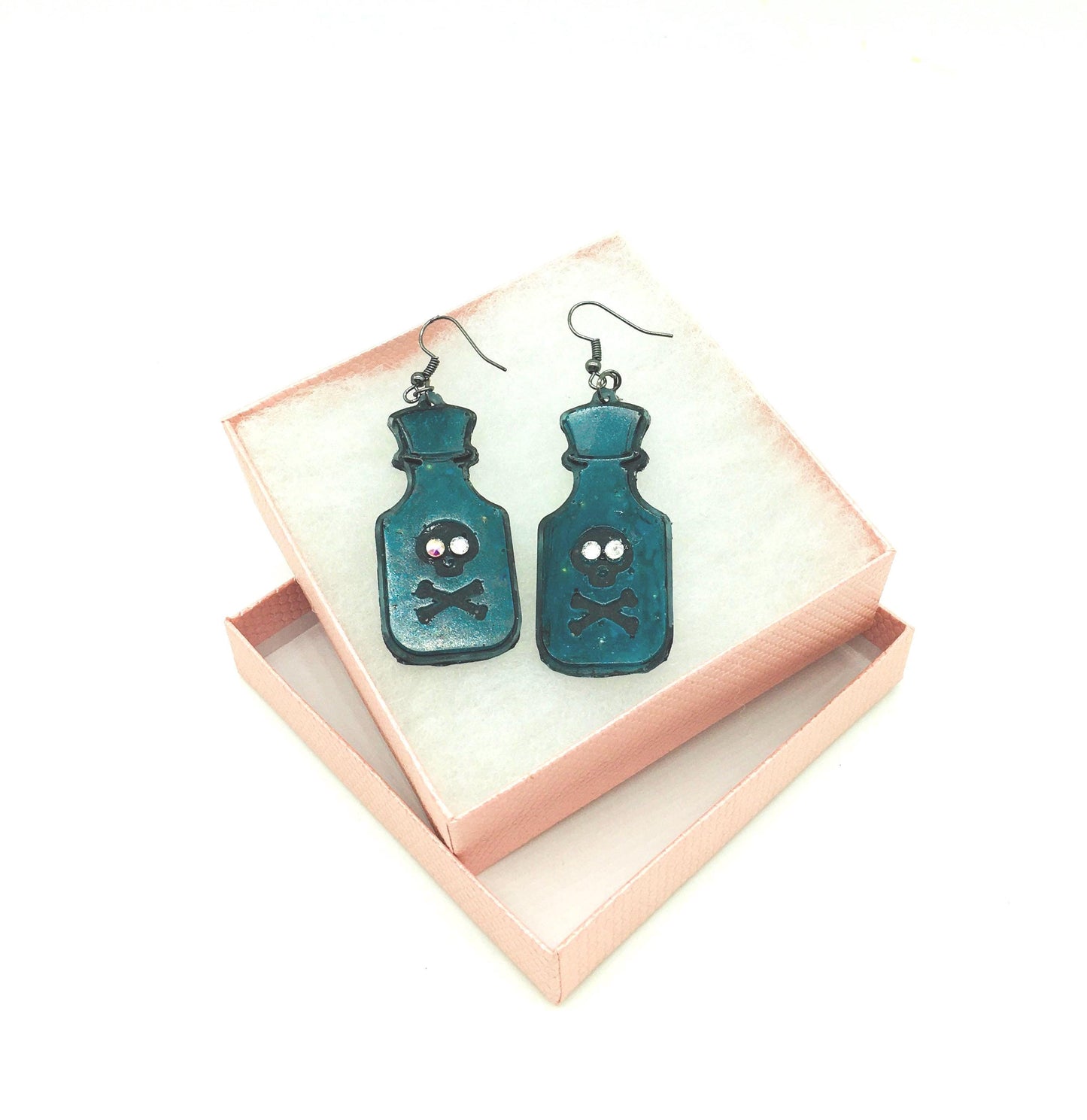 Halloween Earrings, Poison Bottle, Skull Design, Pop Art Style, Gothic Jewelry, Costume Jewelry, Glow in the Dark Earrings