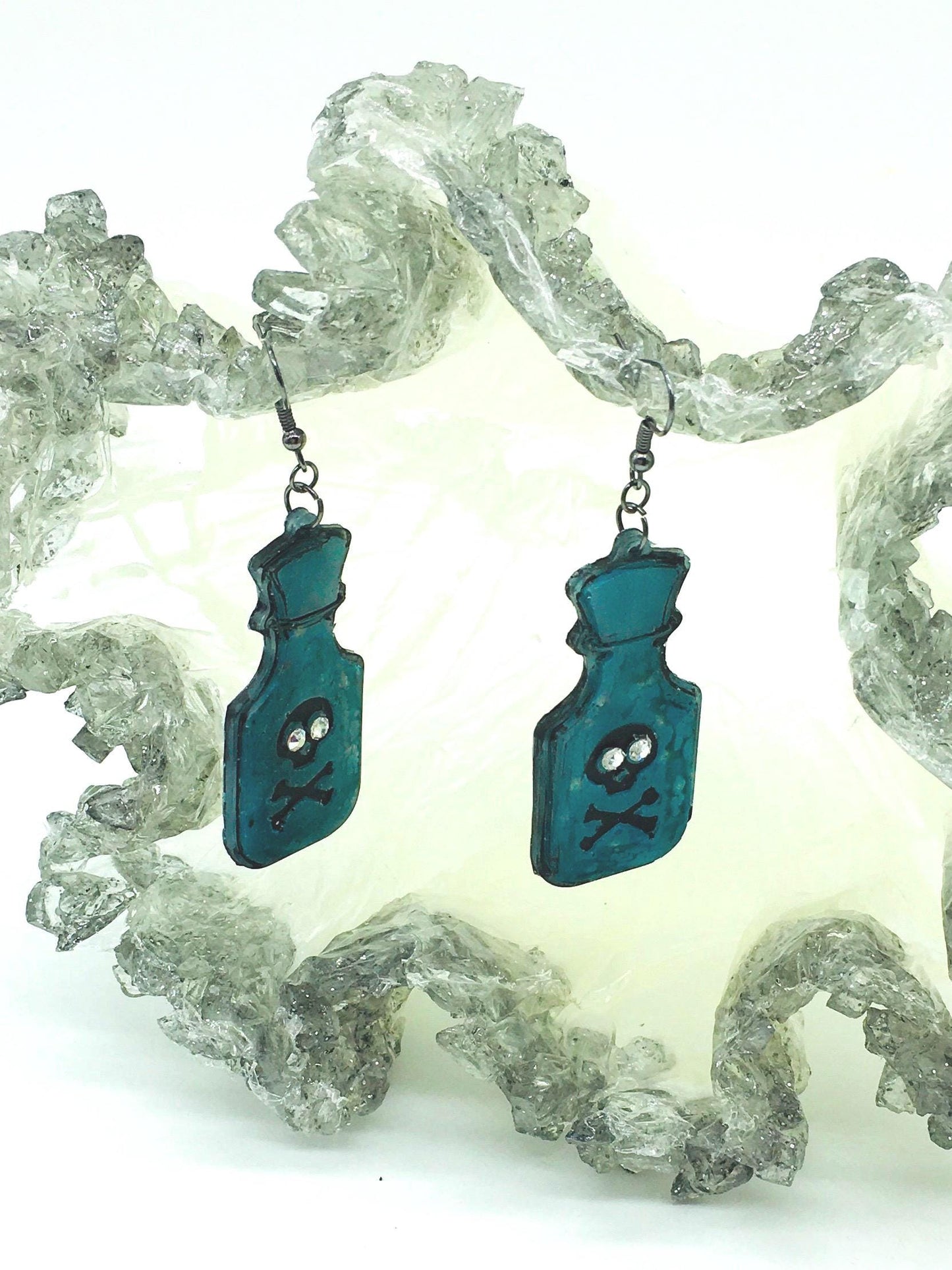 Halloween Earrings, Poison Bottle, Skull Design, Pop Art Style, Gothic Jewelry, Costume Jewelry, Glow in the Dark Earrings