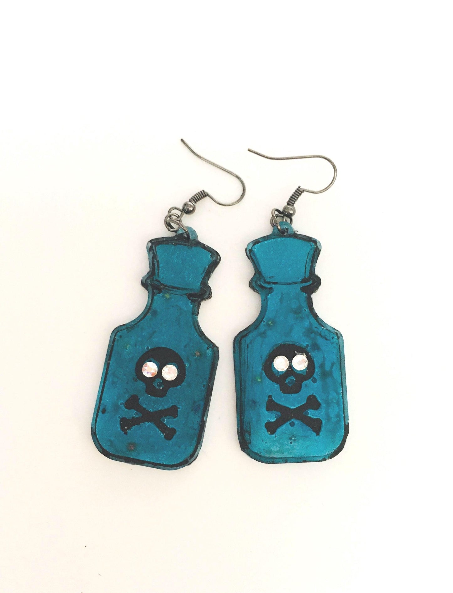 Halloween Earrings, Poison Bottle, Skull Design, Pop Art Style, Gothic Jewelry, Costume Jewelry, Glow in the Dark Earrings
