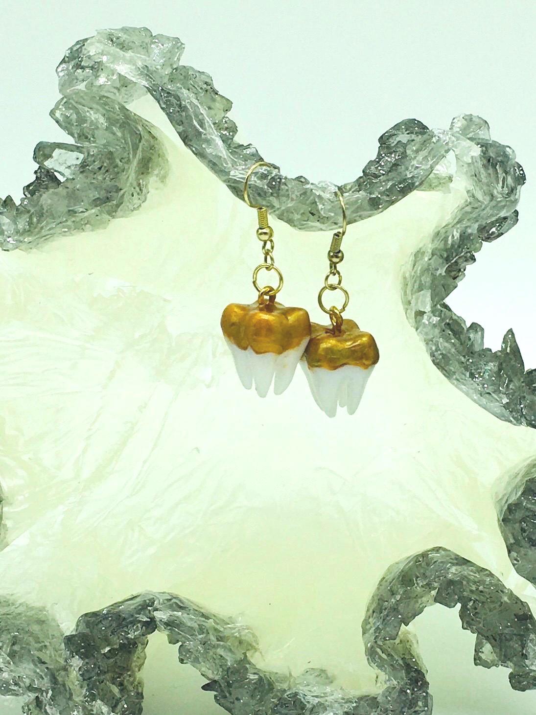 Halloween Teeth Earrings, Faux Teeth, Faux Gold Cap Dangling Earrings, Costume Jewelry
