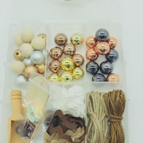 Latte Theme, Bead DIY Kit, Mini Wood Scoop, Wood Beads, Acrylic Beads, Twine, Donut Cabochons, Bead Garland DIY Craft Kit, Faux Coffee Beans
