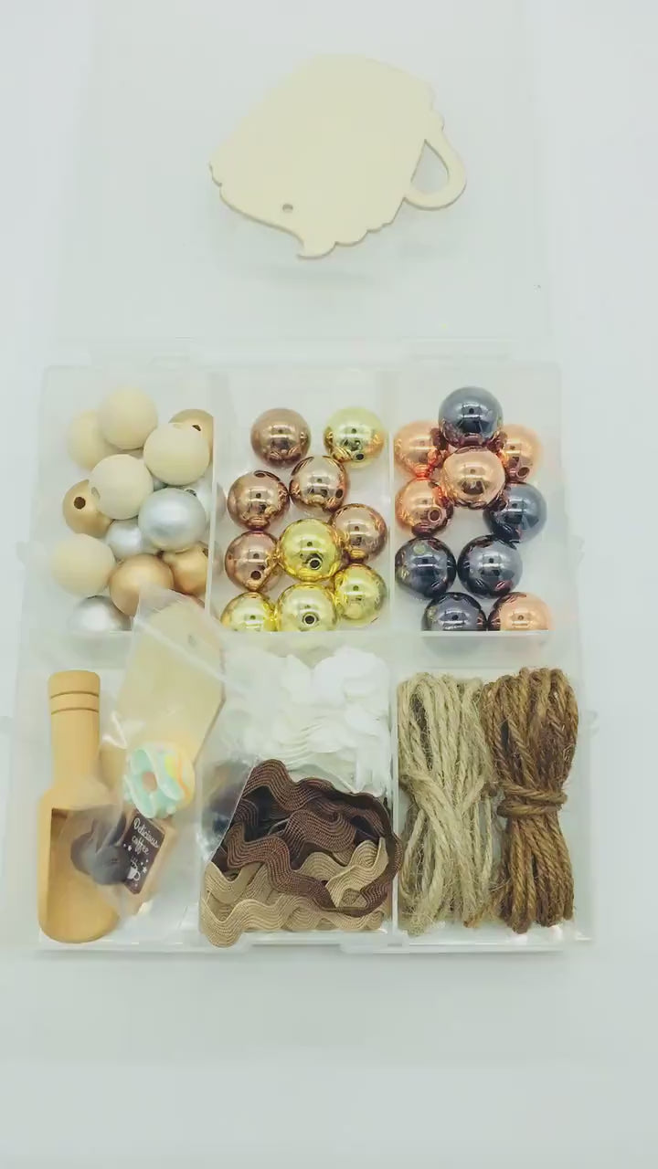 Latte Theme, Bead DIY Kit, Mini Wood Scoop, Wood Beads, Acrylic Beads, Twine, Donut Cabochons, Bead Garland DIY Craft Kit, Faux Coffee Beans