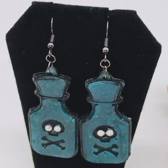 Halloween Earrings, Poison Bottle, Skull Design, Pop Art Style, Gothic Jewelry, Costume Jewelry, Glow in the Dark Earrings