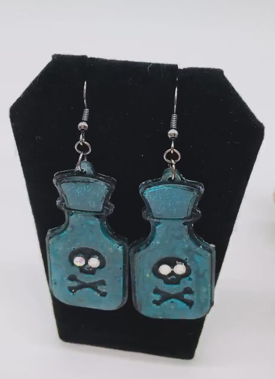 Halloween Earrings, Poison Bottle, Skull Design, Pop Art Style, Gothic Jewelry, Costume Jewelry, Glow in the Dark Earrings