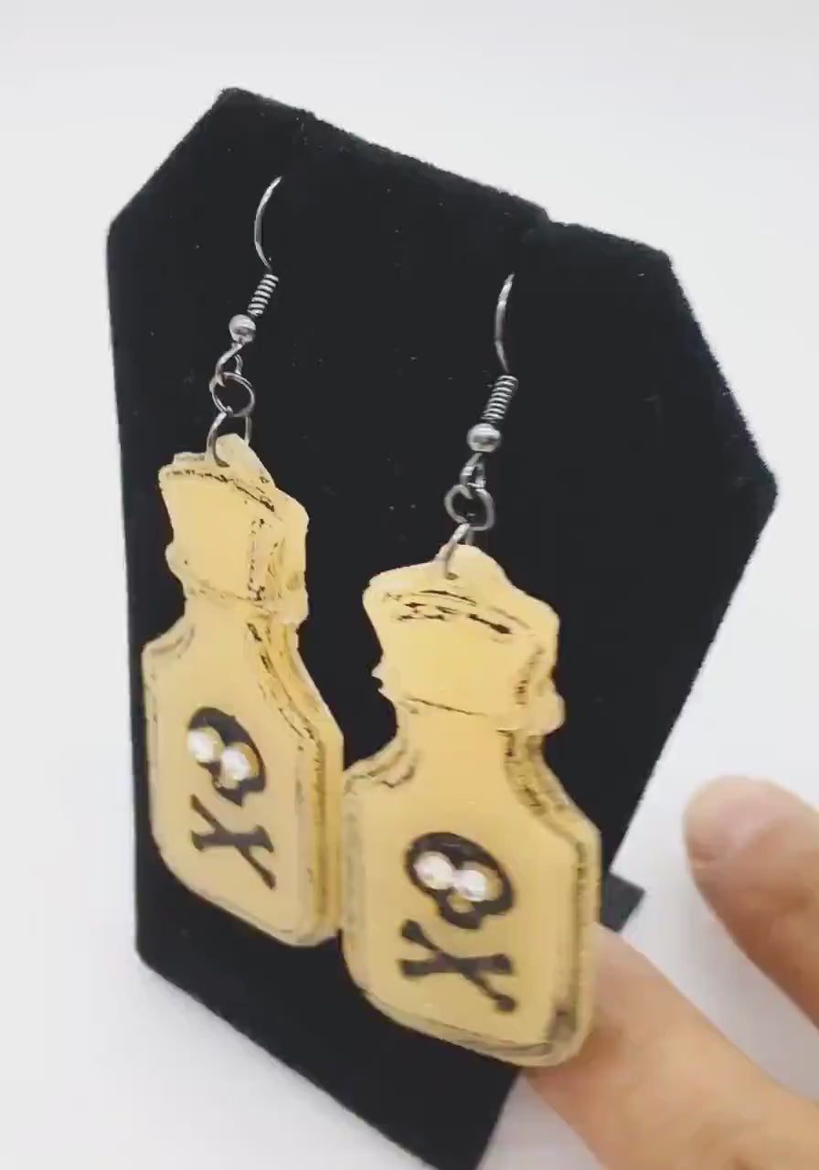 Halloween Earrings, Poison Bottle, Skull Design, Pop Art Style, Gothic Jewelry, Costume Jewelry, Glow in the Dark Earrings